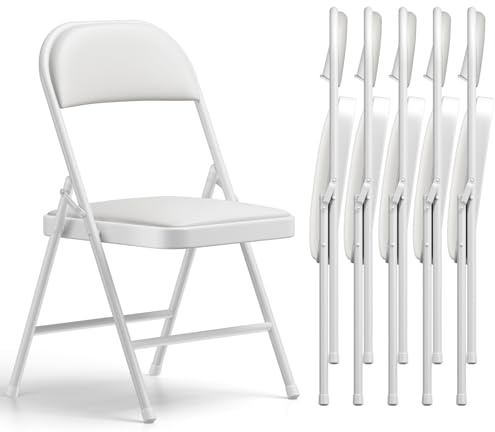 Folding Chairs 6 Pack, PU Leather Padded Folding Chairs for Outside and Indoor, Heavy Duty Portable Foldable Metal Commercial Seat for Home Office, Dorm, Party, Backyard, Lawn, Patio, White