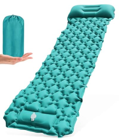 Olutata Ultralight Camping Sleeping Pad with Integrated Foot Pump & Ergonomic Pillow – Compact, Tear-Resistant 40D Nylon Air Mat for Hiking, Backpacking & Travel (Peacock Blue)