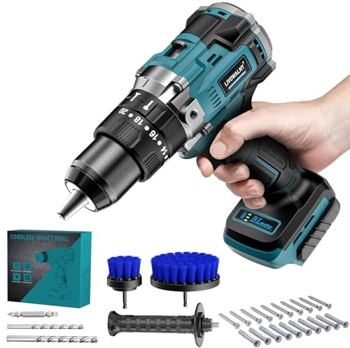 LIVOWALNY 90Nm Taladro Percutor a Bateria, Atornillador Electrico Compatible con Makita 18V, Caja de Cambios de 2 Velocidades y 21 Niveles de par, Para Reformas（Solo Herramientas）-Azul Marino