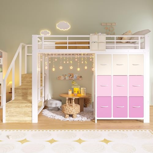 Moimhear Cama alta de metal con cajones, barra para colgar, barandilla, escalera con espacio de almacenamiento, sin colchón (blanco, 140 x 200 cm)