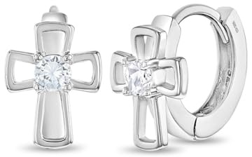 925 Sterling Silver Clear Cubic Zirconia Open Cross Huggie Hoop Earrings For Little Girls & Young Teens 11mm - Adorable Religious Gift Perfect For Christening & Baptism