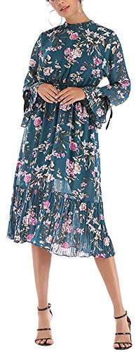 Damen Weiten Trompete Ballon Ärmel Rüschensaum Chiffonkleid Lange Blumen Strand Swing Kleid Blau M