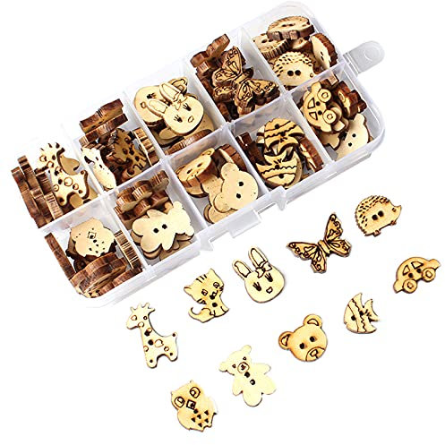 100 Stück 10 Stile Holzknöpfe in Tierform aus Holz mit Kunststoffbox zum Nähen DIY Scrapbooking Basteln Basteln Dekoration 7 Größen 15-23 mm