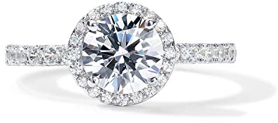 PAVOI 14K White Gold Plated Engagement Ring For Women - Wedding Ring - Round Halo Engagement Ring - Size 7
