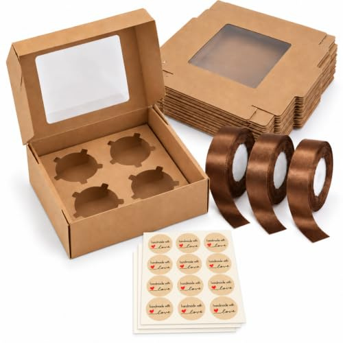 Coolty 30pcs Cupcake Boxes 4 Holes Muffins Desserts Cake Box with 3 Roll Wrapping Ribbon and 3pcs Stickers for Cookies Muffins Cupcakes Desserts Pies (Brown)