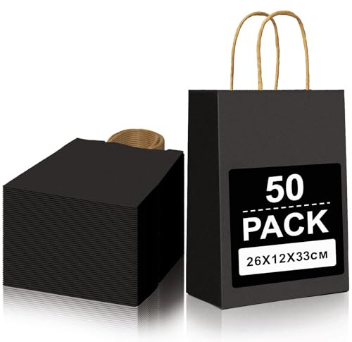 Gucass 50 Pcs Grand Sac Papier Cadeau, Noir Sac en Papier Kraft avec Poignée Pochette Cadeaux 26x12x33cm, Sachet Kraft Emballage Cadeau, Pochette Kraft pour Noël Mariage Anniversaire Fête