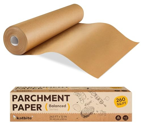 Katbite 12in x 262ft Unbleached Parchment Paper Roll, 260 Sq.Ft, Balanced Series, Non-Stick, Extra Long Parchment Baking Paper with Portable Serrated Cutter for Baking, Cooking [Balanced Series]