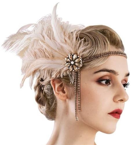 HIQIU 1920er Jahre Haarschmuck Damen - Flapper Kopfband mit Federn und Kristallen Gatsby Kopfschmuck Stirnband Feder Headpiece (Champagner, Einheitsgröße)