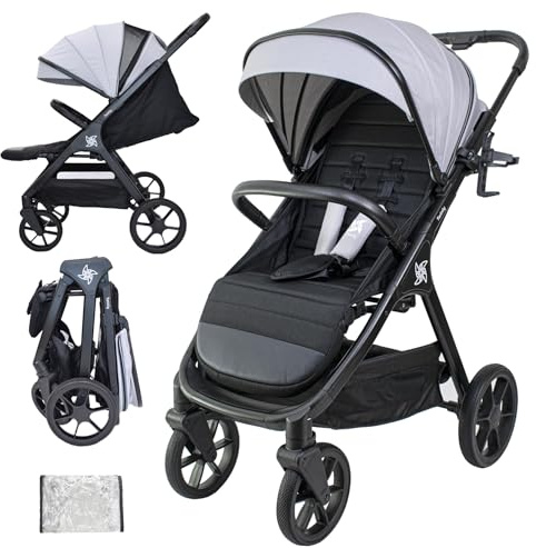 Twinly - Spacely - Passeggino Leggero 25 kg Portata, Passeggino da Viaggio Pieghevole ad una Mano, Seduta Ampia e Confortevole, Ruote Grandi Ammortizzate, Cappottina XXL e Parapioggia (Grigio)