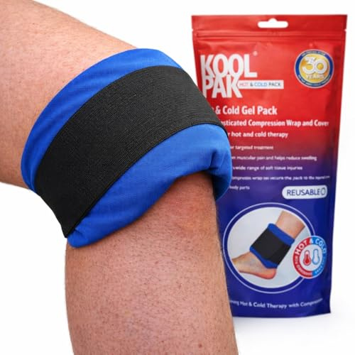 Koolpak Reusable Gel Pack Hot and Cold Compress Wrap for Injuries 12 x 29cm - Cold Packs for Sports Injuries Reusable for Knee Back Shoulder & Legs - Elasticated Strap and Blue Protective Cover