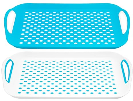 DIVCHI 2-Pack Serving Tray Set – Non-Slip Lap Boards with Grip Handles, Ideal for Food Prep, Tea, Breakfast in Bed – Plastic Tray for Stable Dining Dishwasher Safe (Blue/White)