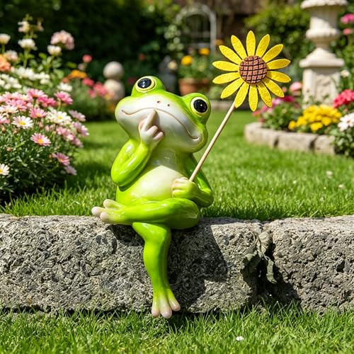 Norhogo 1 statuetta a forma di rana, decorazione da giardino, divertente statua di rana con fiore rimovibile, statua di rana in resina per decorazione da giardino, balcone, soggiorno, ufficio