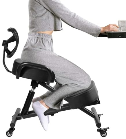 Silla de rodilla ergonómica con respaldo, silla de postura ajustable en altura con cojines gruesos, ruedas de bloqueo para oficina en casa, taburete corrector de postura para aliviar el dolor de