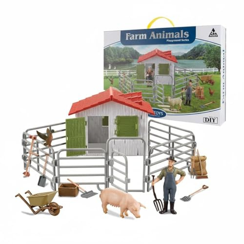 Hellery Figurines de Ferme Ensemble Animaux Grange Clôtures Outils Miniature avec Scène Organisée Textures Réalistes Plastique Robuste Favorise l'Imagination , Ferme Joyeuse - Ensemble A