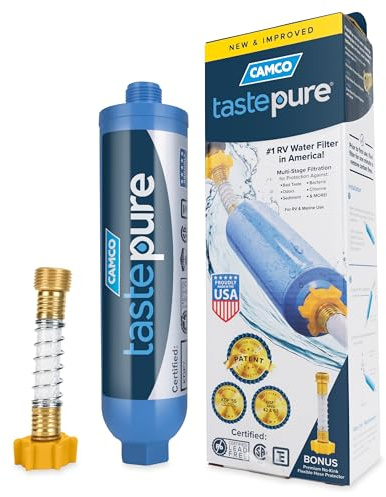 Camco Tastepure RV Water Filter - Advanced RV Inline Water Filter with Flexible Hose Protector - GAC & KDF Filtration - Made in USA - Camping Essentials for Fresh Drinking Water (40043)