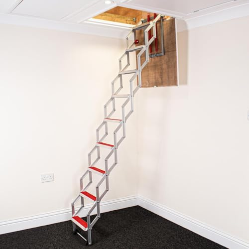 Escalera de Acceso al altillo BPS | Diseño Compacto con peldaños Antideslizantes Recubiertos de Goma | Fácil Montaje | Aluminio | Altura del Suelo al Techo: 2,44 m | Clasificación energética A