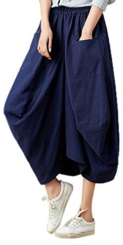 Elonglin Femme Sarouel Capri Pantalon Été Coton et Lin Baggy Pantacourt Casual Bloomers Couleur Unie/Carreaux Taille Élastique Large Jambe Grande Taille Hippie Pantalon Bleu Marine