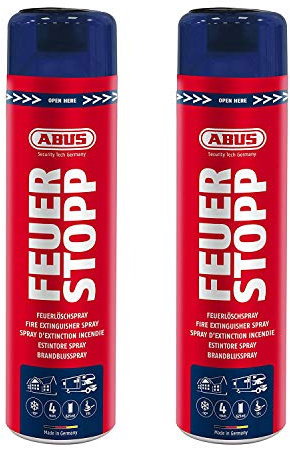 ABUS - Feuerlöschspray AFS625 Feuerstopp - Feuerlöscher für Küche, Grill und Haushalt - hohe Sprühweite - Brandklassen A-B-F rot (2er Set - Feuerstopp)
