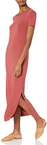 Amazon Essentials Women's Jersey Standard-Fit Short-Sleeve Crewneck Side Slit Maxi Dress, Brick Red, XX-Large
