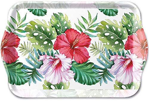 Ambiente Bandeja de melamina de aprox. 13 x 21 cm, diseño de flores de hibisco, color blanco, café, té y café expreso
