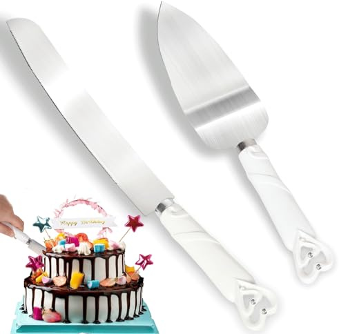 Pinkgarden Set di coltello e paletta per torte con confezione regalo, design a cuori intrecciati, coltello da torta in acciaio inox per matrimoni, compleanni, anniversari e feste