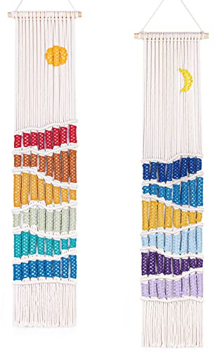 Boho Macrame Wall Hanging Decor Set, 2PCS Southwest Bohemian Handmade Woven Sun&Moon Mountain Geography Tapestry with Long Tassel, Gypsy Rainbow Ornament for Nursery Decoration Girl Christmas Gift