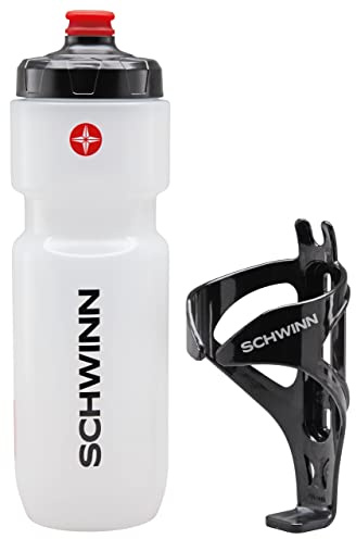 Schwinn Translucent Sport Water Bottle with Holder for Bicycle, 26 oz, BPA-Free, Dual-Stage Nozzle, Ergonomic Design, Cage Easily Mounts to Bike, Hydration Tracking, Bike Water Bottle Holder Combo
