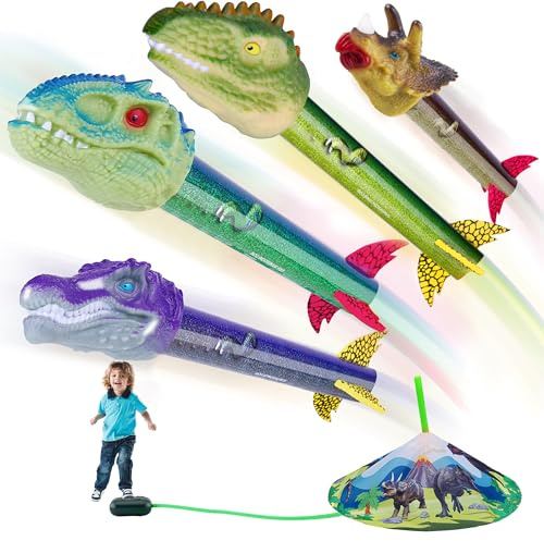Gizzjoy Dinosaur Toy Rocket Launcher for Kids - Launch Up to 100 Ft, 4 Rockets, Outdoor Outside Toys for Kids, Dinosaur Toys, Birthday Gifts for 3 4 5 6 7 8-12 Year Old Boys Girls