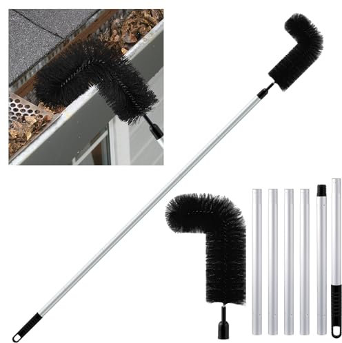 Layhit Gutter Cleaning Brush Extendable Guard Cleaner Tool with 6 Pcs Aluminum Extension Pole Long Splicing Gutter Cleaning Tools from the Ground for Easy Removing Leaves and Debris Cleaner (Black)