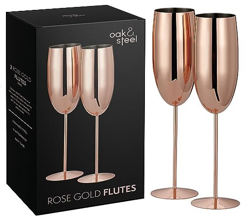 Oak & Steel - 2 Flûtes à Champagne en Acier Inoxydable avec Coffret Cadeau, 280ml - Or Rose/Cuivre - Élégant, Solide & Incassable - Mariages, Anniversaires, Noël, Fêtes en Plein Air