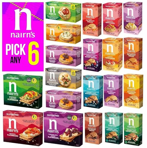 Nairn's PICK ANY 6 Gluten Free Oat Biscuits, Oatcakes, Crackers, Flatbreads. Flavours inc. Chocolate chip, cheese, Stem Ginger, Salted Caramel Etc.