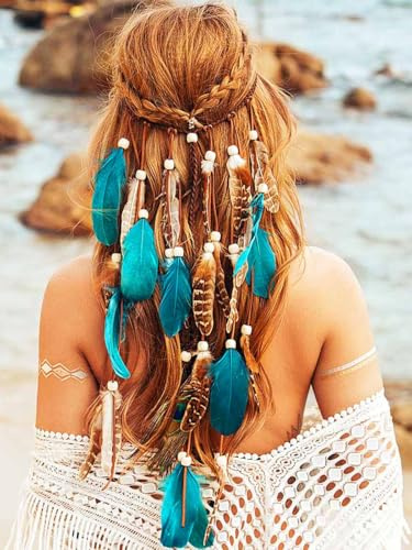 Zoestar Boho fjäder pannband indiskt tribal huvudbonad fjädrar tofs hippie huvudbonad festival kostym hårtillbehör för kvinnor och flickor (D)
