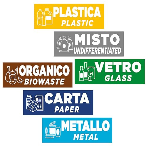 6 Adesivi per Raccolta Differenziata | Etichette per Contenitori Rifiuti in Italiano ed Inglese | Formato cm 15x5 | 6 PZ