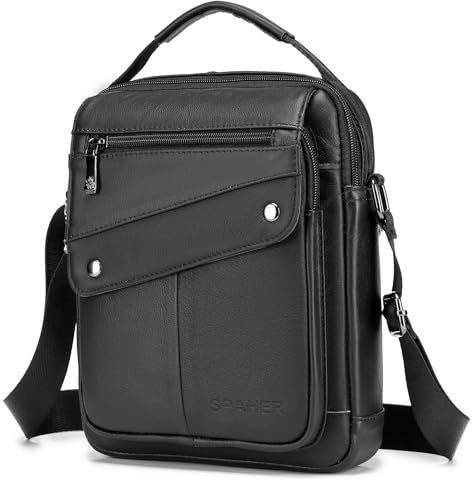 SPAHER Umhängetasche Leder Herren Herrentasche Schultertasche Echtes Leder Handgelenktasche Herren Wasserdichte Schultertasche Crossbody Bag Messenger Bags Geschenk für Männer Schwarz