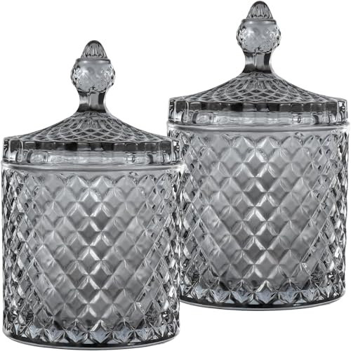 HANFCO® 2Pcs 10oz Glass Cotton Bud Holder Dispenser Cotton Pad Holder Grey Jars With Lid Bathroom Accessory Makeup Vanity Cotton Balls Wool Swab Pads Q Tip Candle Holder Apothecary Jars (GREY)