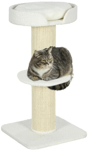 PawHut Arbre à Chat, Poteau à griffer pour Chat, Tissu Bouclette, Centre d'activités, 2 Plate-Formes, Hauteur 91 cm, crème