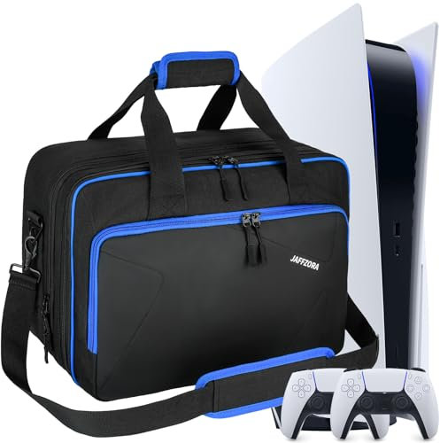 Jaffzora Carrying Case for PS5 PRO/PS5/PS5 Slim, Travel Protective Bag Fits for PlayStation 5 Console, Controllers, Game Discs & Gaming Accessories, Black&Blue