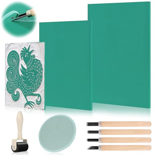Kujinova Gummistempel, Schnitzblöcke Linoldruck Platte Set, 9 STK Stempelgummi A4 A5 A6, Linoleum Schnitzset, Umweltschonendem Präzises Drucken für Druckgrafiken Kunsthandwerk DIY Projekt (A)