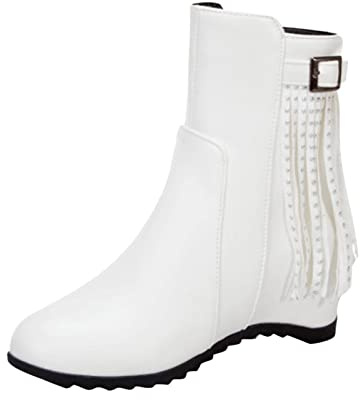 Botines para mujer de piel elegantes – Botines con hebilla borlas tacón de cuña botas cortas de piel punta redonda media botines altos zapatos de noche, Blanco, 38 EU