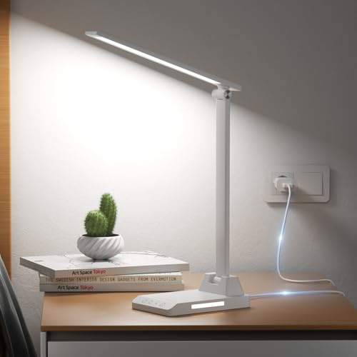 Ylatoial Lampada da Scrivania, Lampada da Tavolo, 5 Modalità di Luce x 10 Livelli di Luminosità, USB Lampada Scrivania, Timer 30/60min Lampada Led da Tavolo, Bianco