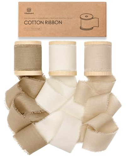 Vitalizart 100% Cotton Ribbon 1-1/2 x 15Yd Brown & Cream & Beige, Handmade Frayed Fringe Fabric Ribbons for Gift Wrapping, Wedding Invites, Bridal Shower Bouquets, Christmas Decorations
