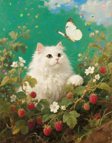 JUYIYUANFUZH Cross Stitch Starter Kits Adults DIY Embroidery Kit with Pattern White Cat in The Raspberry Bush 4 Easy Cross Stitch Kits for Beginners11CT: 40×50Cm