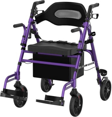 Fvzzin Walkers for Seniors with Seat, Extra Wide 2 in 1 Rollator Walker & Transport Chair with Reversible Backrest & Detachable Footrests, Foldable Wheelchair Combo with 8 Anti-Slip PU Wheels, Purple