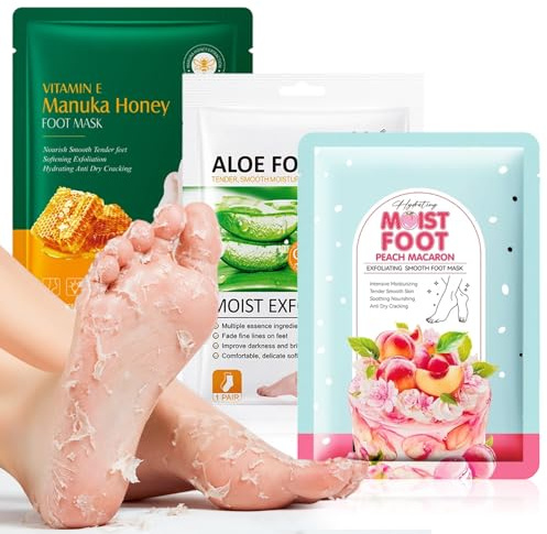 3 Paires Masque Pieds Peeling, Chaussettes Exfoliantes et Hydratantes, Soin des Pieds pour Peaux Sèches et Talons Râpeux, Convient Femmes & Hommes, Miel, Aloe Vera et Pêche