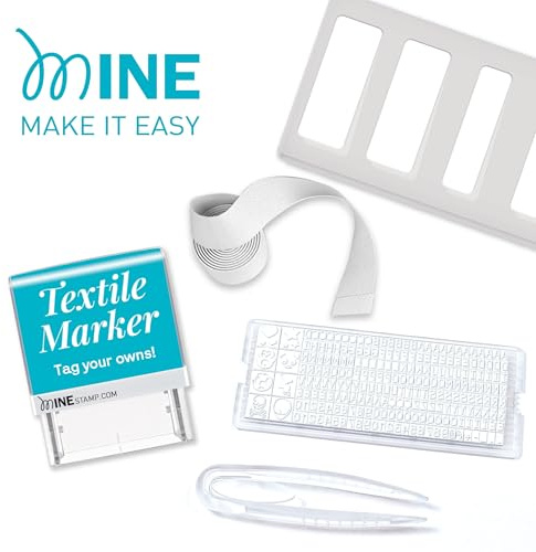 Mine Stamp Marcador para Ropa y Objetos Smart | Kit Completo con Etiquetas y Cinta Termoadhesiva | Sello Personalizable para Adultos y Niños | Resistente a Lavados
