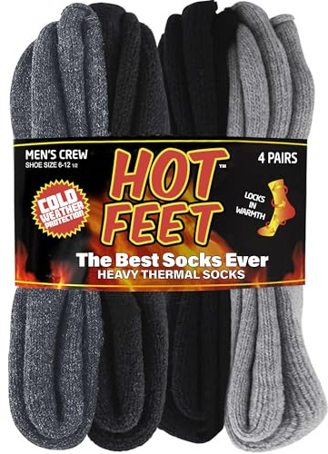 HOT FEET Thermal Socks for Men, Extreme Cold Weather, 2/4 Pack Thick Warm Socks for Men, Winter Insulated Socks, Size 6-12.5, 4 Pack, Denim/Navy/Black/Gray