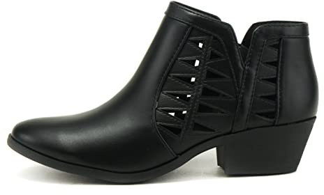 Soda CHANCE Womens Perforated Cut Out Stacked Block Heel Ankle Booties (7.5, Black PU, numeric_7_point_5)