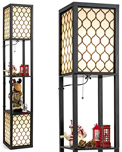 TANGZON Floor Lamp with Shelves, 2/3 Layers Wooden Shelf Tall Standing Light with E27 Holders & Fabric Shade, Corner Standard Lamp for Living Room Bedroom (2 Shelves, 2 Holders, with Grid Patterns)