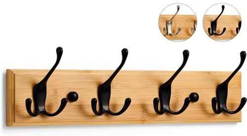 LARHN Porte Manteau Mural Bois - 4 Crochets Triples en Noir - 42 cm - Patere Murale pour une Entrée, Chambre, Salle de Bain et Vestiaire