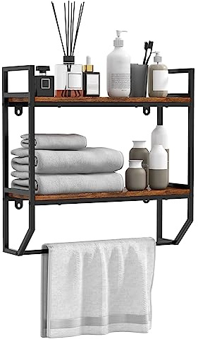 LIFEZEAL Scaffale da parete per riporre il bagno, in legno e metallo, con 2 livelli, carico di 20 kg, porta asciugamani WC, organizer per soggiorno, cucina, marrone rustico